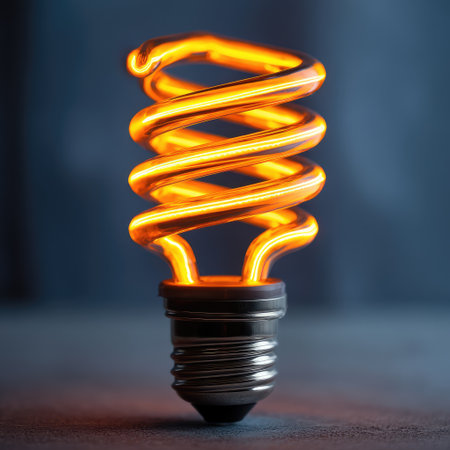This captivating image captures a spiral light bulb emitting a warm, inviting glow, showcasing modern design perfect for innovative lighting ideas in contemporary interiors.の素材