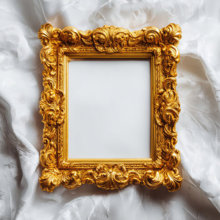 A stunning ornate vintage gold picture frame rests on a soft white fabric, perfect for showcasing artwork or enhancing home decor with a touch of elegance.の素材