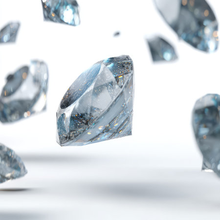 Captivating image showcasing floating crystal fragments that shimmer and reflect light against a clean white background, perfect for creative and abstract projects.の素材