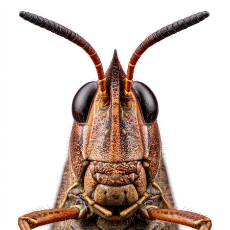 This striking close-up image captures the intricate details of an insect's head, showcasing its unique features and textures against a clean white background.の素材