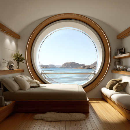 This image showcases a modern bedroom with a striking circular window offering a breathtaking coastal view, enhancing the serene atmosphere for relaxation.の素材