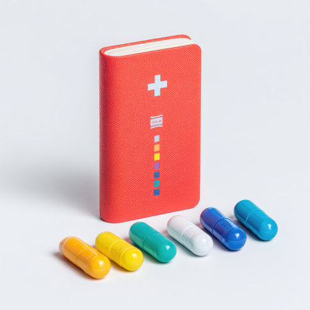 A vibrant red notebook sits next to colorful capsules against a clean white background, ideal for capturing creativity and enhancing modern workspace aesthetics.の素材
