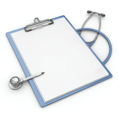 A blank clipboard alongside a stethoscope and pen indicates preparation and readiness in a healthcare environment for patient assessment and documentation.の素材