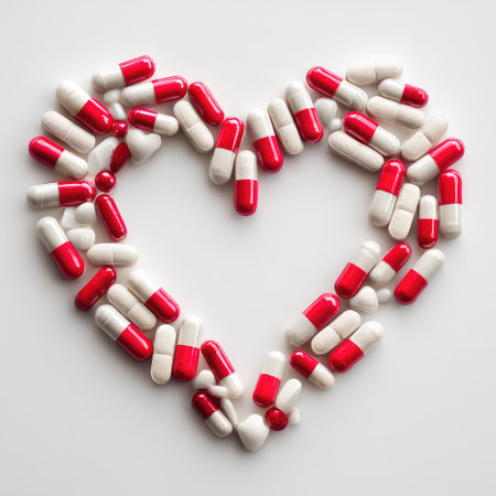 A visually appealing arrangement of red and white capsules forming a heart shape, symbolizing love, care, and wellness in the context of healthcare and medicine.の素材