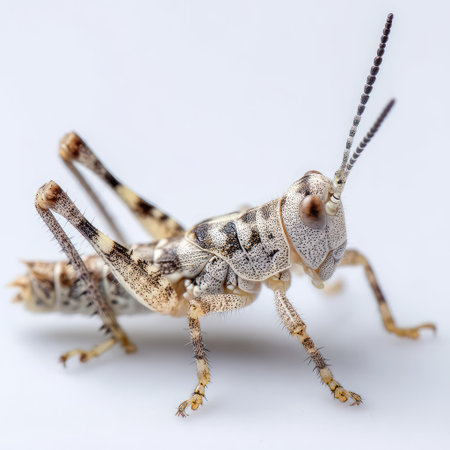 A striking close-up shot of a grasshopper captures its fine details and textures, highlighting its intricate patterns and colors against a clean white background for striking visual contrast.の素材