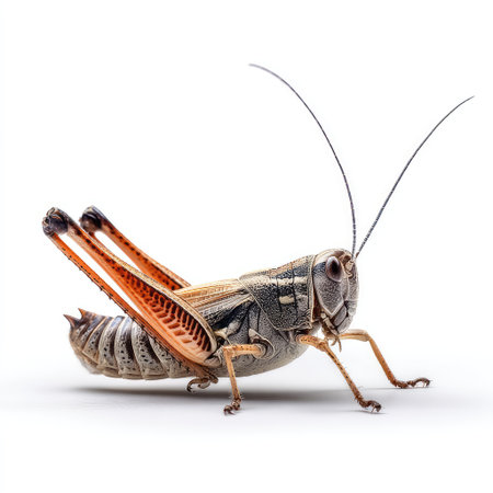 Close-up of a grasshopper displaying intricate details, textures, and patterns. Perfect for nature, insect studies, and macro photography enthusiasts.の素材