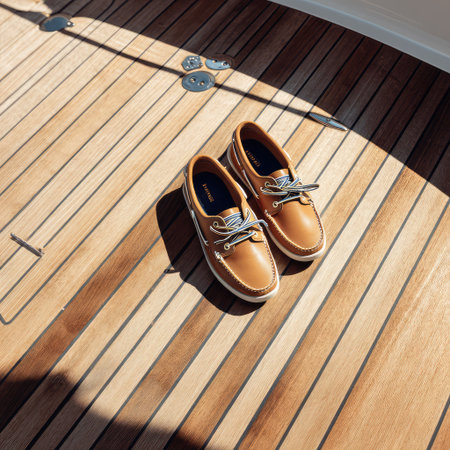 A pair of brown leather boat shoes elegantly positioned on a wooden deck, embodying summer style and a relaxed nautical vibe in a serene outdoor setting.の素材