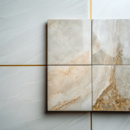 A set of elegant ceramic tiles featuring soft beige and white hues, perfect for enhancing modern spaces with a touch of sophistication and warmth. Ideal for renovation projects.の素材