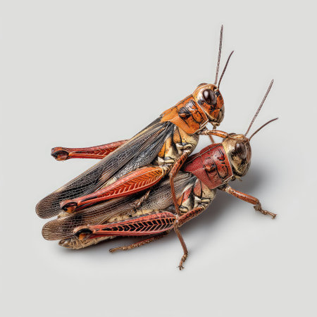 Vibrant close-up of two grasshoppers in mating position, showcasing intricate details of their bodies and wings against a plain background, ideal for educational and nature-focused projects.の素材