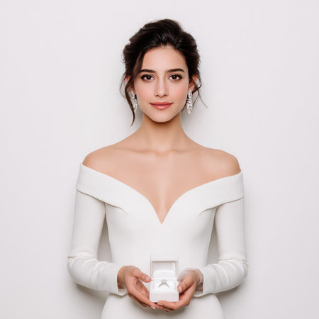 A stunning bride in a timeless white gown holds an elegant ring box, radiating sophistication and beauty in a minimalist setting, creating a captivating emotional moment.の素材