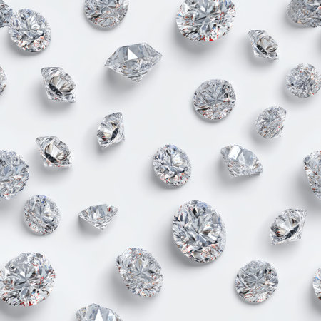 A captivating scene featuring assorted diamonds scattered elegantly across a pristine white background, highlighting their exquisite cuts and radiant sparkle. Perfect for luxury themes.の素材