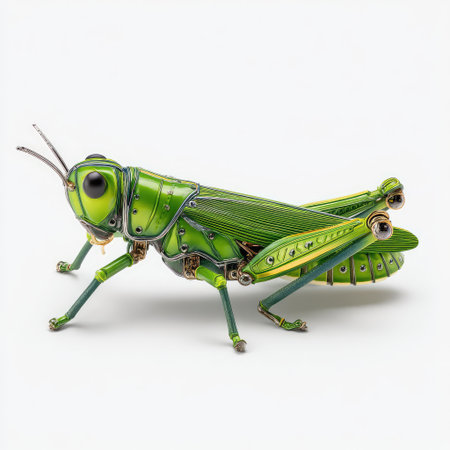 This image features a detailed mechanical grasshopper model, blending nature and technology with vivid green hues and intricate metallic components. Perfect for art and innovation themes.の素材
