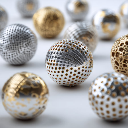 A collection of spheres featuring various intricate patterns and metallic finishes, perfect for inspiring creativity in design projects or enhancing visual aesthetics.の素材