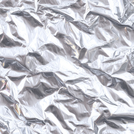 Shiny crinkled metallic texture background suitable for various design projects, photography, and artistic applications, showcasing dynamic light interactions and reflective surfaces.の素材
