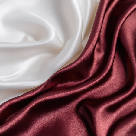 A stunning display of white and burgundy silk fabric, elegantly draped to highlight the smooth textures and luxurious colors, perfect for decor or fashion photography.の素材