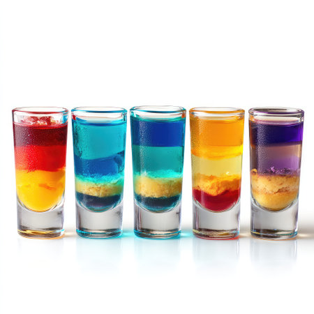 A collection of colorful layered shots in transparent glasses, perfect for parties and celebrations, showcasing creativity and refreshment in each vibrant drink.の素材