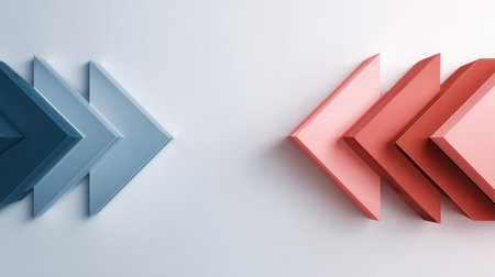Vibrant geometric design featuring blue and coral arrows pointing in contrasting directions, creating a modern and dynamic visual effect on a minimalist background.の素材