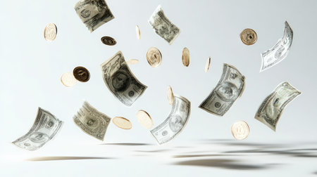 A dynamic scene showcasing dollar bills and coins gracefully falling against a light backdrop, representing themes of wealth, finance, and modern monetary systems.の素材