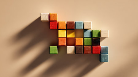 A vibrant display of colorful wooden blocks arranged creatively on a soft background, highlighting playful shadows and textures, perfect for design or artistic projects.の素材