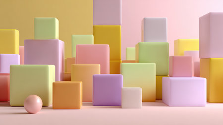 A vibrant collection of colorful geometric shapes including cubes and spheres, arranged in a playful manner, perfect for abstract design backgrounds and creative projects.の素材