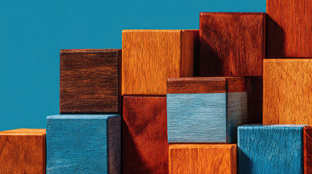 A stack of colorful wooden blocks arranged aesthetically against a vibrant blue background, highlighting texture and creativity for use in artistic or educational projects.の素材