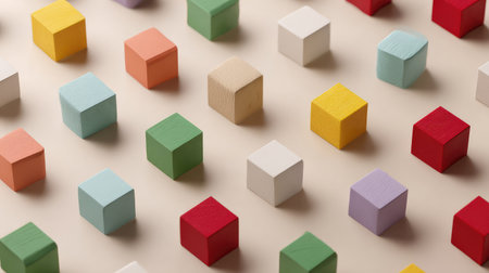 A visually appealing layout of colorful wooden cubes on a soft background, designed to inspire creativity in arts, crafts, and educational projects for children.の素材