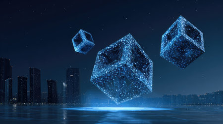 Ethereal digital cubes levitate gracefully above a modern cityscape at night, enveloped in shimmering light, showcasing a blend of innovation and futuristic design elements.の素材