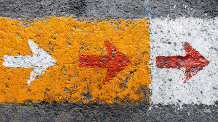 This image showcases vibrant arrows painted on a textured gray surface, illustrating urban road markings that guide and indicate direction in a visually striking manner.の素材