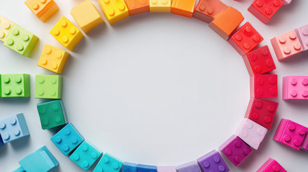 A vibrant arrangement of colorful building blocks creates a playful circular pattern on a clean white background, ideal for inspiring creativity in children and educational environments.の素材
