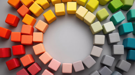 A vibrant, circular arrangement of colorful wooden blocks on a neutral background, perfect for representing creativity, education, and playful design in various settings.の素材