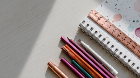 A visually appealing flat lay featuring colorful pens, a decorative notebook, and a ruler arranged on a light surface, perfect for creative and educational projects.の素材