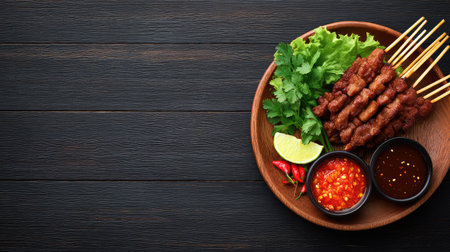 Enjoy succulent grilled meat skewers presented on a rustic wooden plate, complemented by fresh herbs, zesty lime, vibrant chili, and savory dipping sauces for a delightful culinary experience.の素材