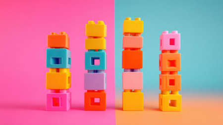 Eye-catching stacking blocks in vibrant colors set against a split pink and blue background, perfect for promoting creativity and learning in playful environments for children.の素材