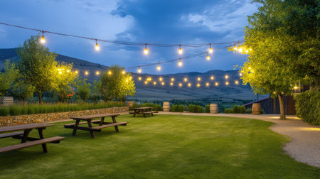 A calm and inviting outdoor space features warm string lights illuminating lush green grass and beautiful trees, creating a peaceful atmosphere ideal for gatherings or relaxation.の素材