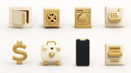 A stunning collection of golden icons featuring household appliances, technology, and money, offering a stylish minimalist design ideal for modern creative projects and presentations.の素材