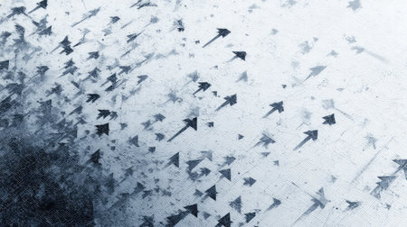 This abstract image features arrows pointing in various directions, symbolizing movement and dynamism against a textured blue and gray background, perfect for modern design projects.の素材