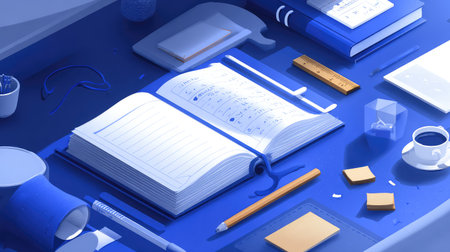 This image showcases a creatively arranged workspace equipped with essential writing and planning tools, featuring a calming blue tone that inspires productivity and organization.の素材