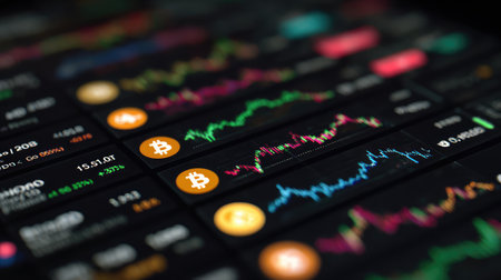 This visually striking image showcases a cryptocurrency trading dashboard featuring colorful price charts and Bitcoin symbols, perfect for illustrating market dynamics in digital finance.の素材