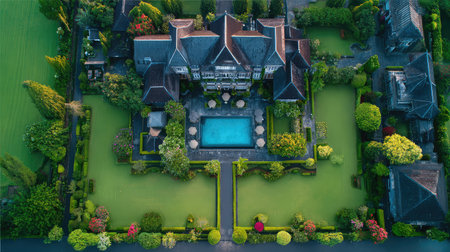 Stunning aerial perspective of a luxurious mansion with a glistening swimming pool surrounded by lush gardens. Captivating landscape showcasing beauty and tranquility.の素材