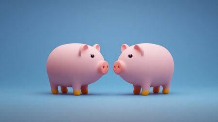 Two charming cartoon piggy banks stand face to face on a vibrant blue background, symbolizing savings and financial themes in a playful and engaging way.の素材