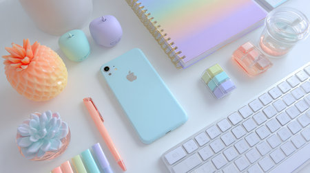 A visually appealing office desk setup featuring pastel gadgets, trendy decor, and stylish stationery to inspire creativity and enhance productivity in any workspace.の素材