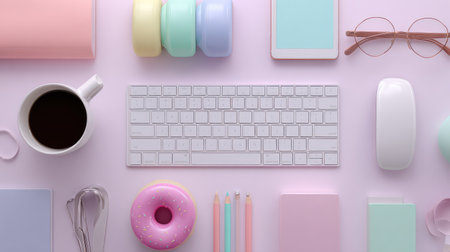 Discover a visually appealing flat lay of a pastel-themed workspace, featuring a keyboard, coffee mug, donut, and various office supplies to inspire creativity and organization.の素材