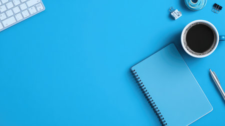 A modern workspace showcasing a blue background with a notepad, pen, and cup of coffee, perfect for inspiring productivity and creativity in any office setting.の素材