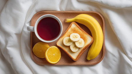 A cozy breakfast scene featuring crisp toast topped with banana slices, fresh lemon, and a cup of herbal tea, all beautifully presented on a wooden tray.の素材