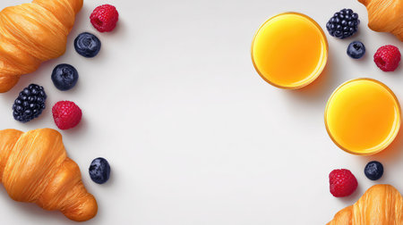 A beautiful arrangement featuring fresh croissants, vibrant berries, and refreshing orange juice, perfect for a morning meal or brunch gathering.の素材