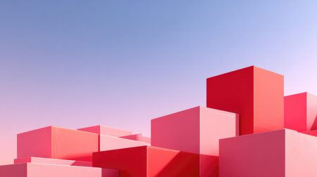 A visually captivating arrangement of pink and red blocks creates an abstract landscape under a gradient sky, perfect for modern art and design themes.の素材