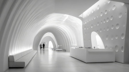 A striking monochrome interior featuring sweeping curves and soft light enhances the minimalist space, inviting viewers to appreciate its modern design and artistic forms.の素材