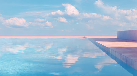 A stunning view of a tranquil infinity pool reflecting the blue sky and fluffy clouds captures a serene atmosphere, perfect for relaxation and escape from everyday life.の素材