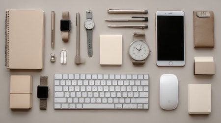 A stylish and minimalist workspace layout showcasing a variety of office supplies and technology, perfect for creative professionals seeking organizational inspiration and modern design aesthetics.の素材