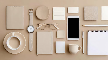 This image showcases a minimalistic workspace with beige stationery, a sleek smartphone, a timepiece, and a cozy coffee cup, perfect for modern office aesthetics and creative inspiration.の素材